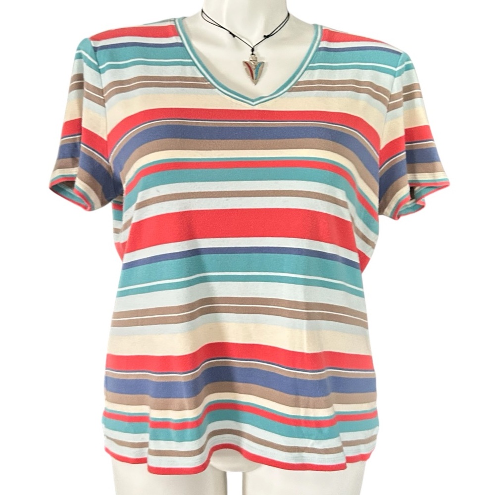 Eddie Bauer Blue Cream Red-Orange Striped Multicolor V-Neck Women's Top EUC XXL